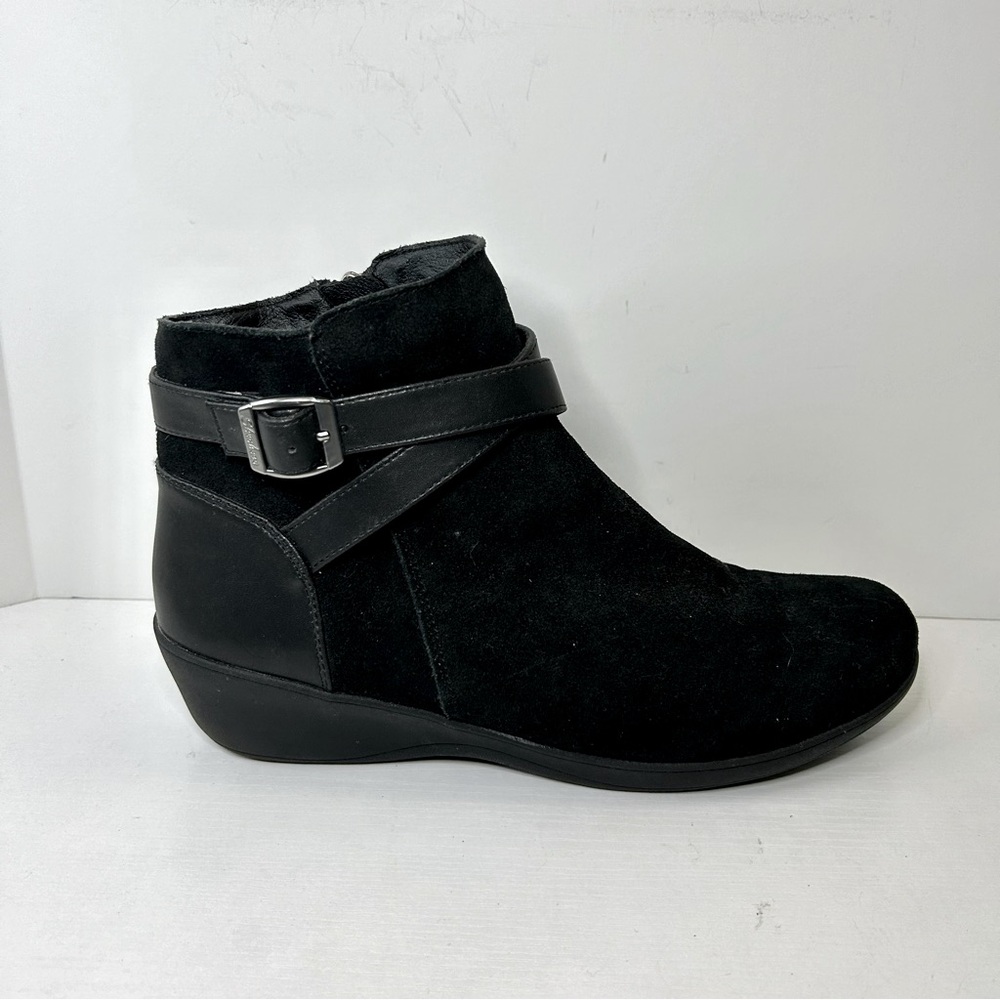 Skechers Frenchie Suede Wedge Ankle Boots with Buckle Detail Memory Foam Sz 10